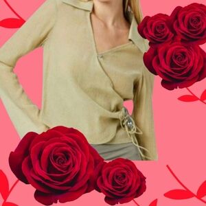 NEW Topshop Womens Long Sleeve Button Front Wrap Top in Khaki, Size 4